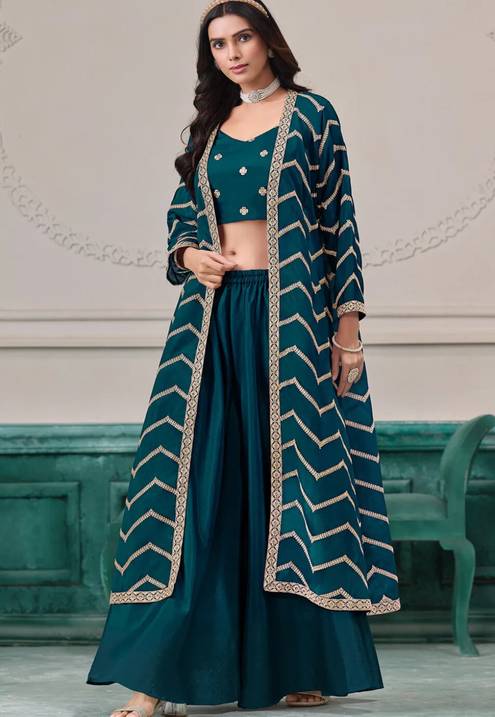 Embroidered Chinon Chiffon Crop Top Set in Teal Blue
