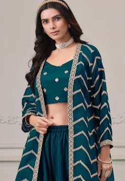 Embroidered Chinon Chiffon Crop Top Set in Teal Blue