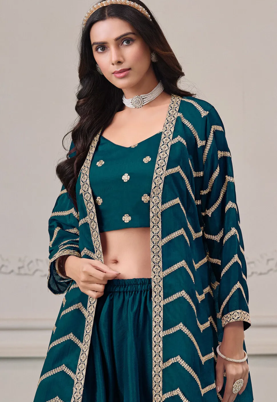 Embroidered Chinon Chiffon Crop Top Set in Teal Blue