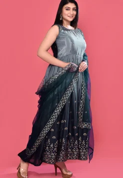 Embroidered Chinon Chiffon A Line Suit in Shaded Grey and Blue