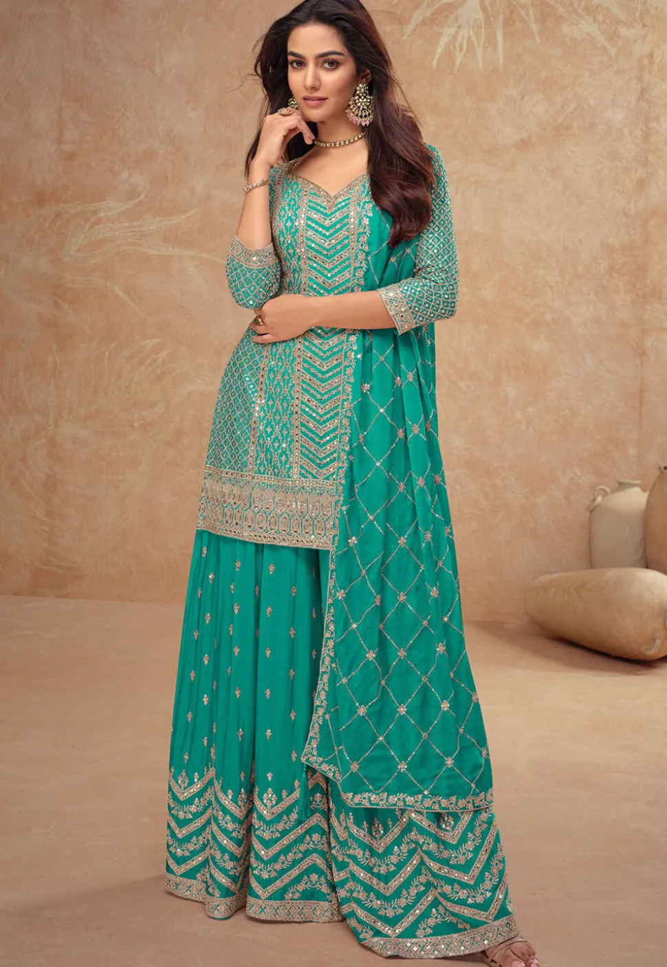 Embroidered Chinon Chiffon Pakistani Suit in Turquoise