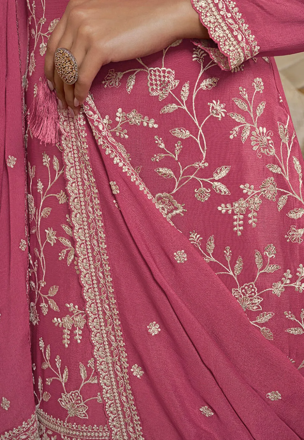 Embroidered Chinon Chiffon Pakistani Suit in Old Rose