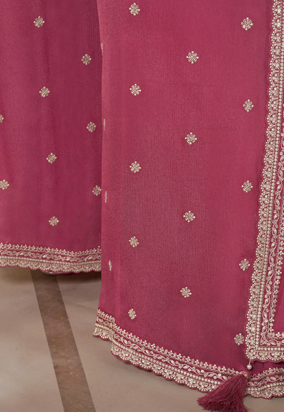 Embroidered Chinon Chiffon Pakistani Suit in Old Rose