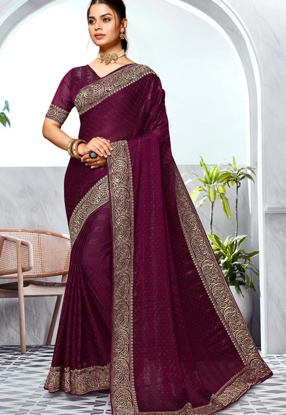 Embroidered Chinon Chiffon Saree in Purple