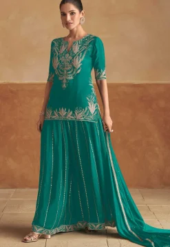 Embroidered Chinon Chiffon Kurti Set in Teal Green
