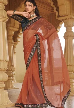 Embroidered Chinon Chiffon Saree in Rust