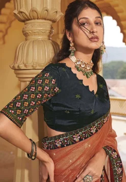 Embroidered Chinon Chiffon Saree in Rust