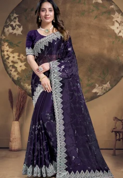 Embroidered Chinon Chiffon Scalloped Saree in Dark Purple