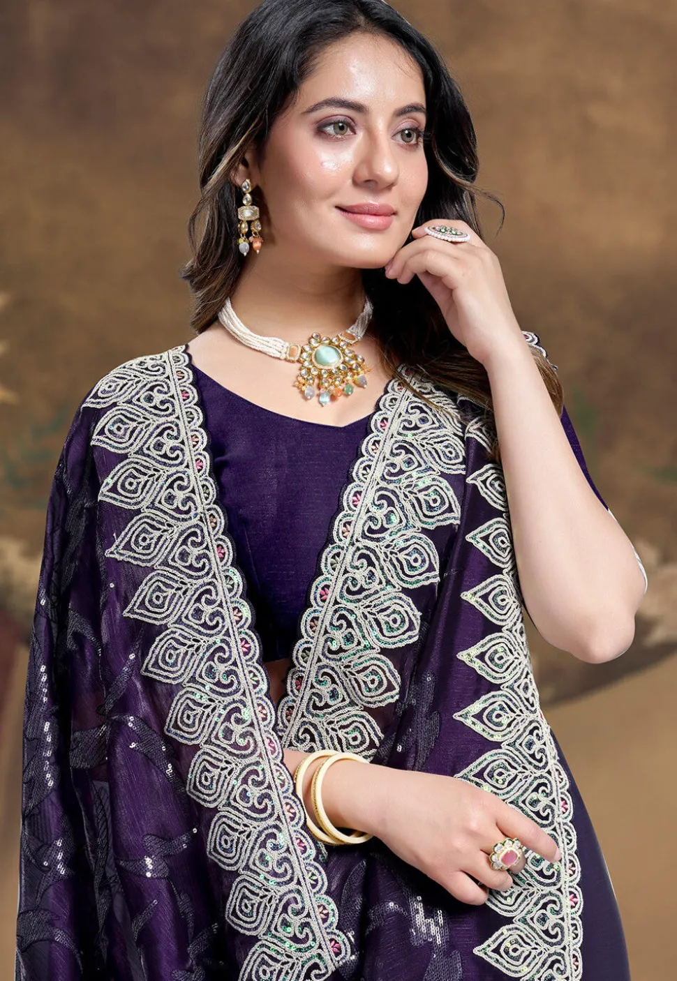 Embroidered Chinon Chiffon Scalloped Saree in Dark Purple