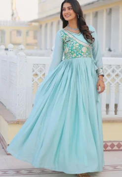 Embroidered Chinon Chiffon Gown in Light Blue