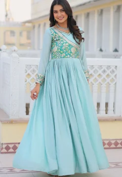 Embroidered Chinon Chiffon Gown in Light Blue