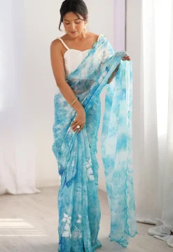 Embroidered Chinon Chiffon Scalloped Saree in Sky Blue