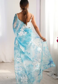 Embroidered Chinon Chiffon Scalloped Saree in Sky Blue