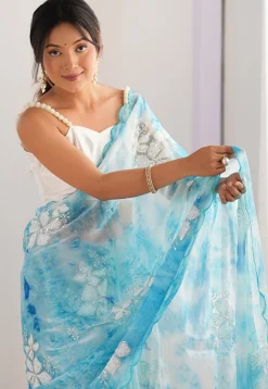 Embroidered Chinon Chiffon Scalloped Saree in Sky Blue