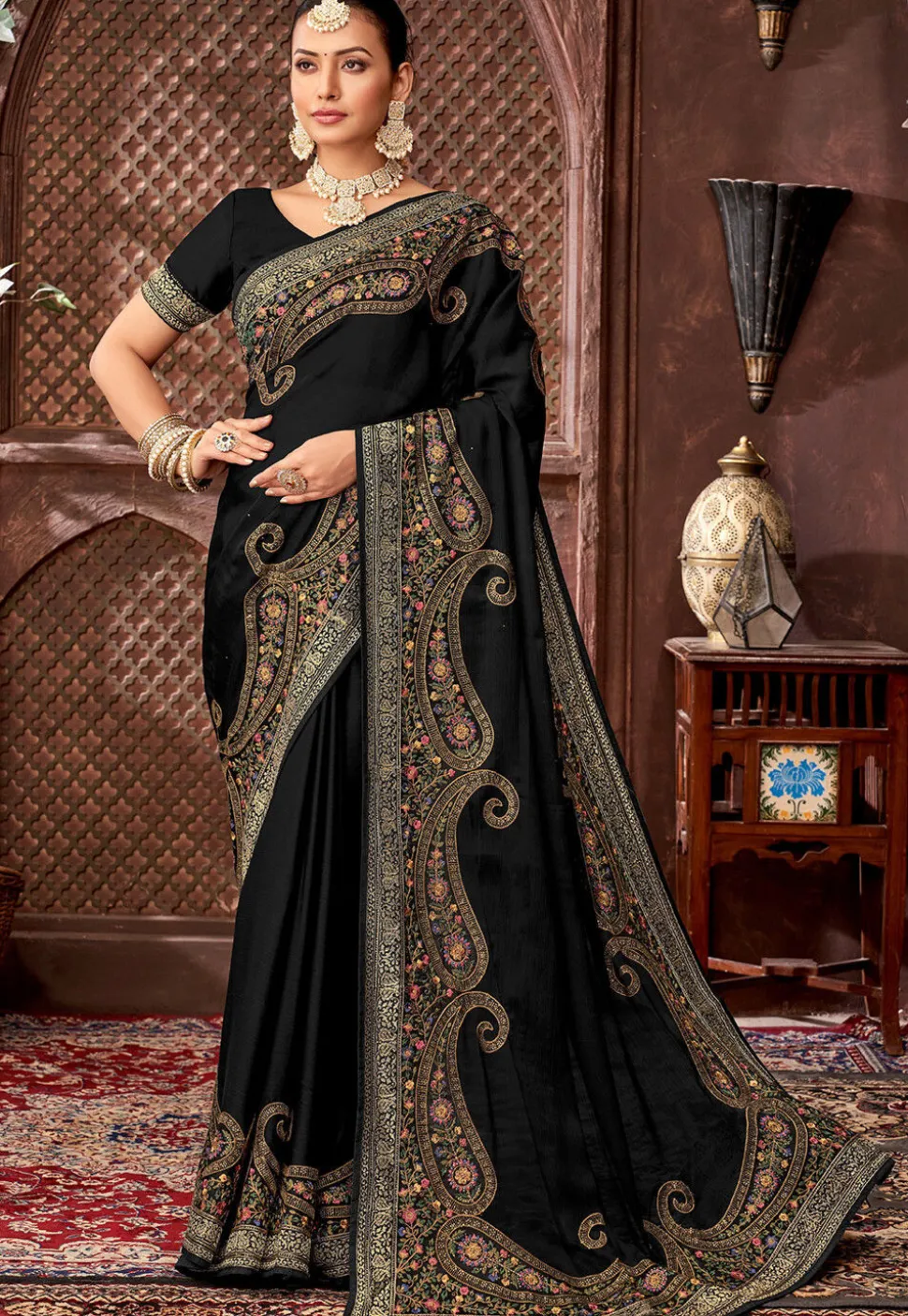 Embroidered Chinon Chiffon Saree in Black