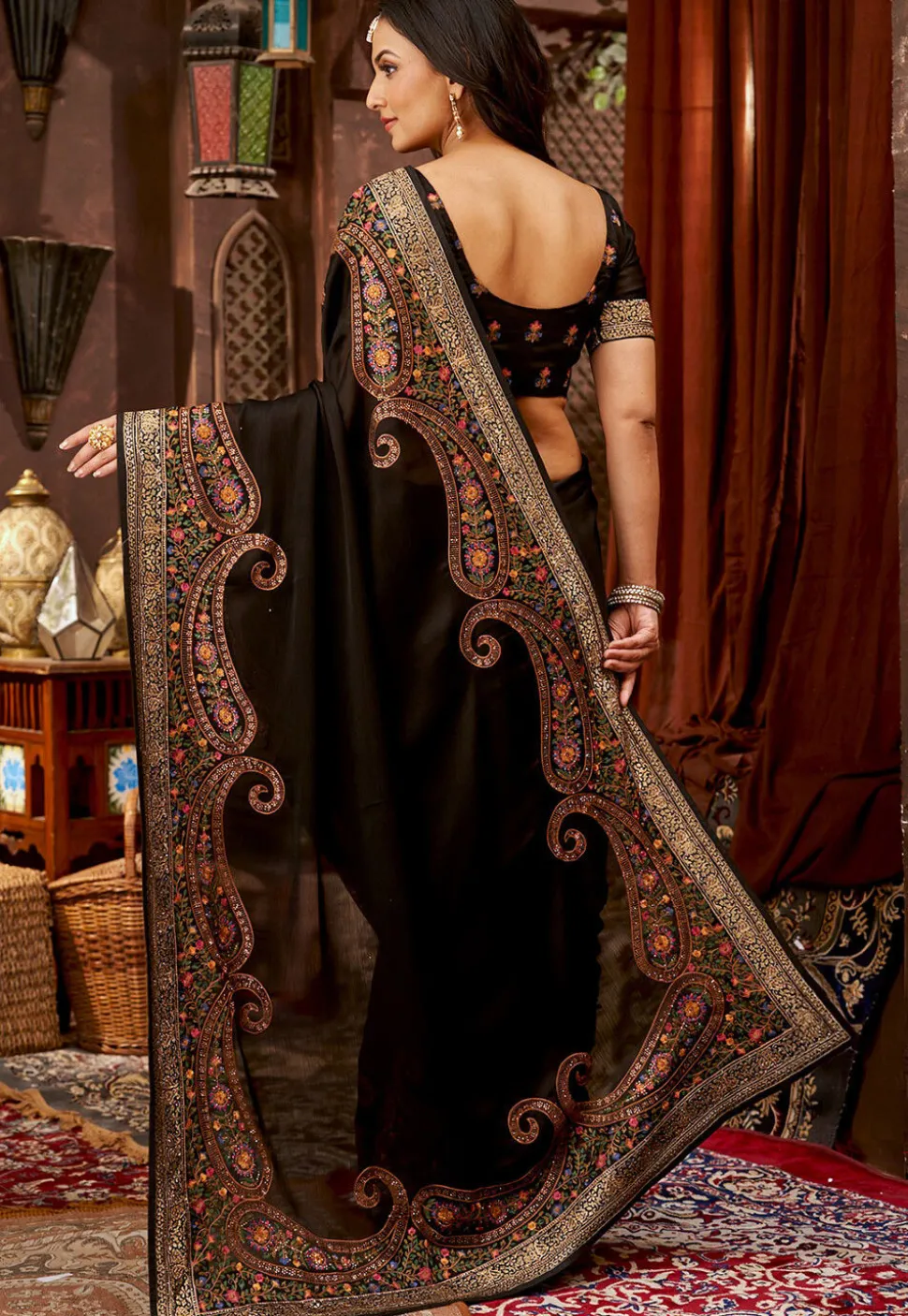 Embroidered Chinon Chiffon Saree in Black