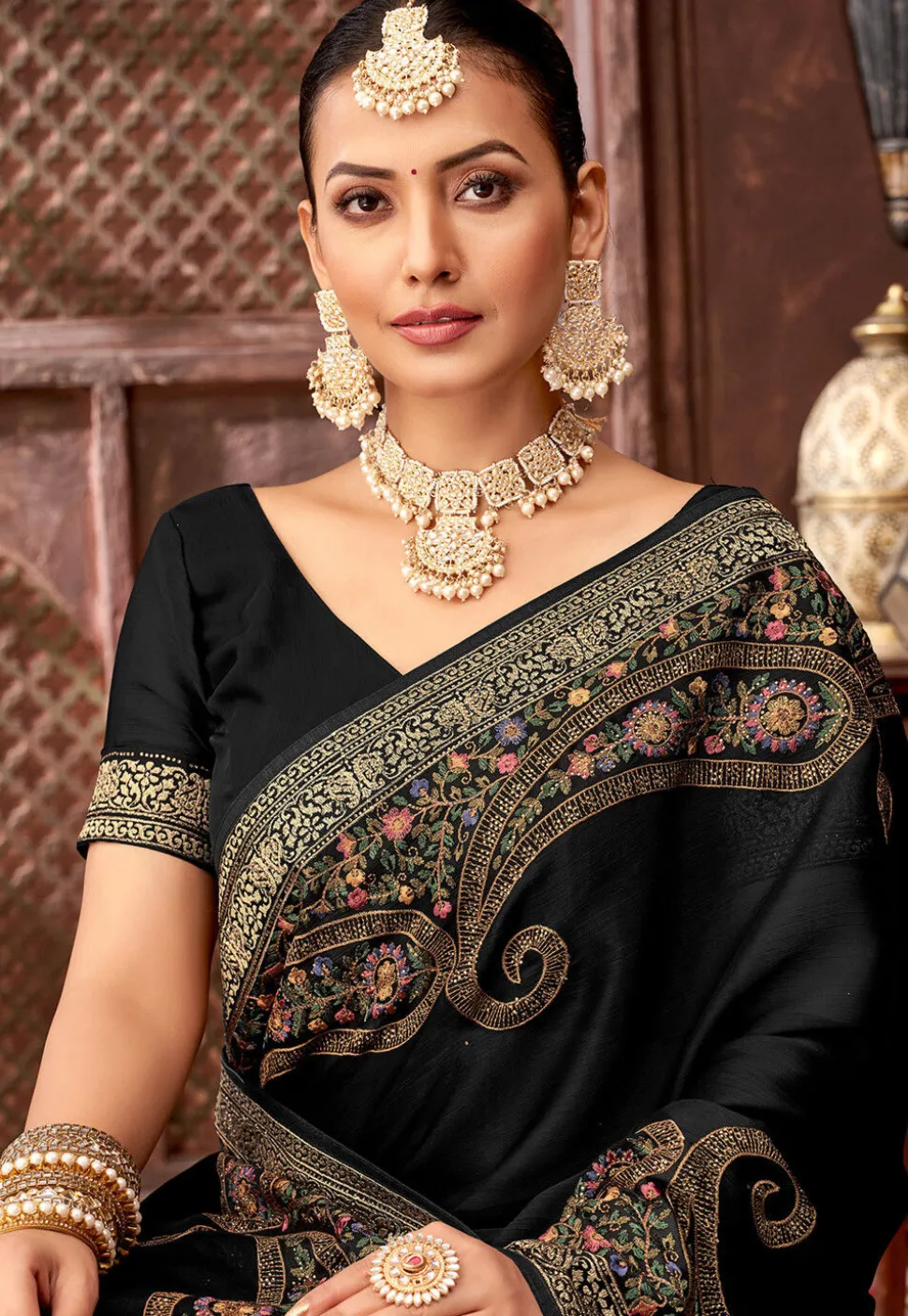 Embroidered Chinon Chiffon Saree in Black