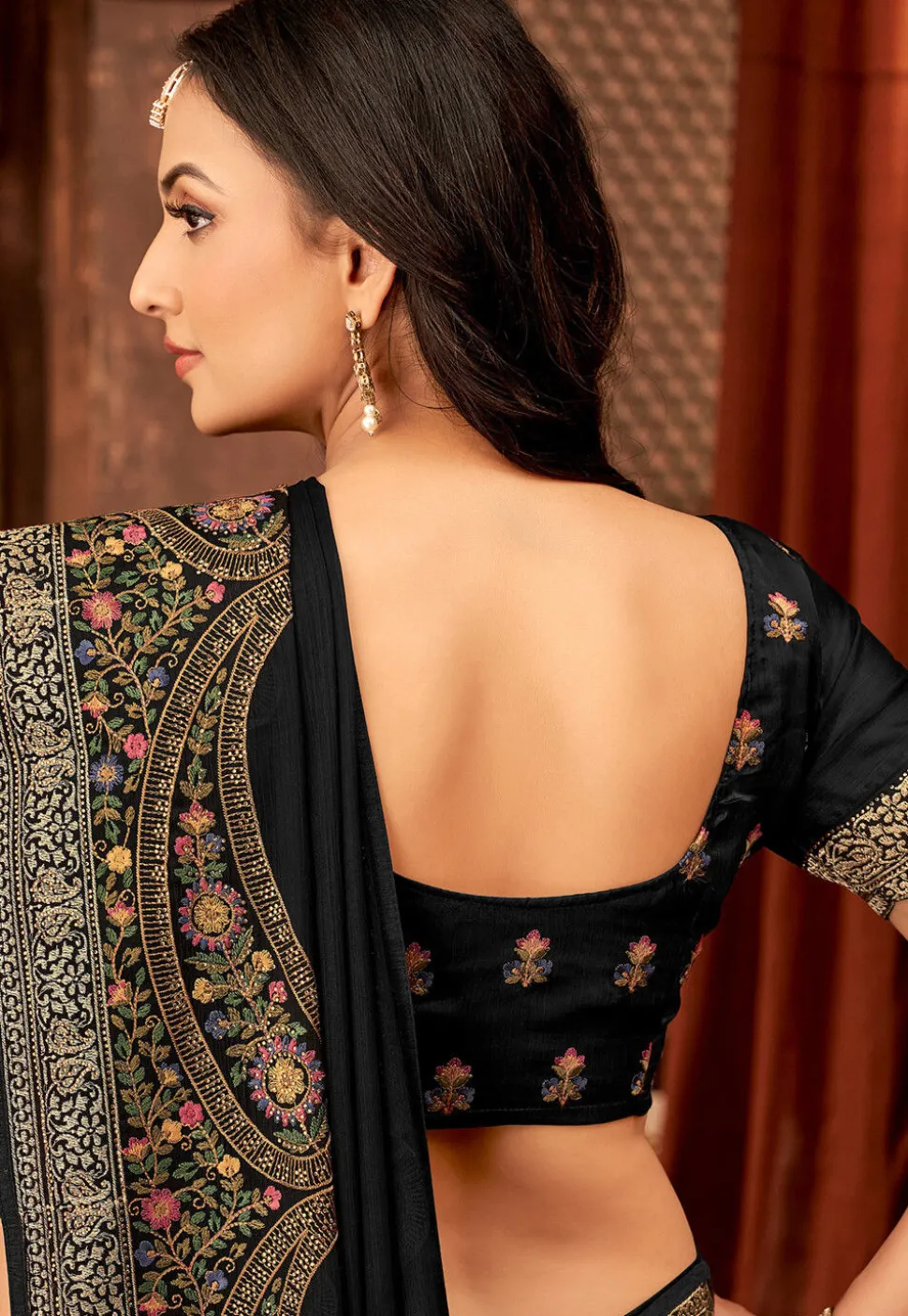 Embroidered Chinon Chiffon Saree in Black