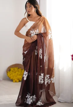 Embroidered Chinon Chiffon Scalloped Saree in Brown Ombre