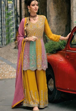 Embroidered Chinon Chiffon Pakistani Suit in Mustard and Multicolor