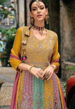 Embroidered Chinon Chiffon Pakistani Suit in Mustard and Multicolor