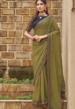 Embroidered Chinon Chiffon Saree in Olive Green