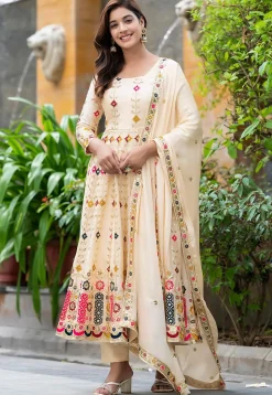 Embroidered Chinon Chiffon A Line Suit in Cream