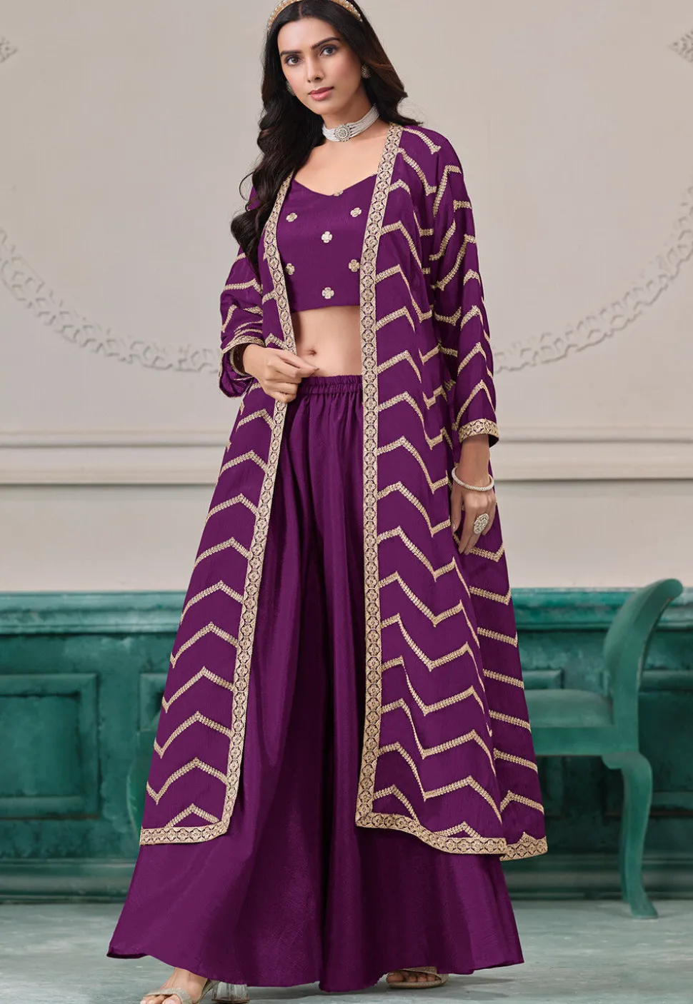 Embroidered Chinon Chiffon Crop Top Set in Purple