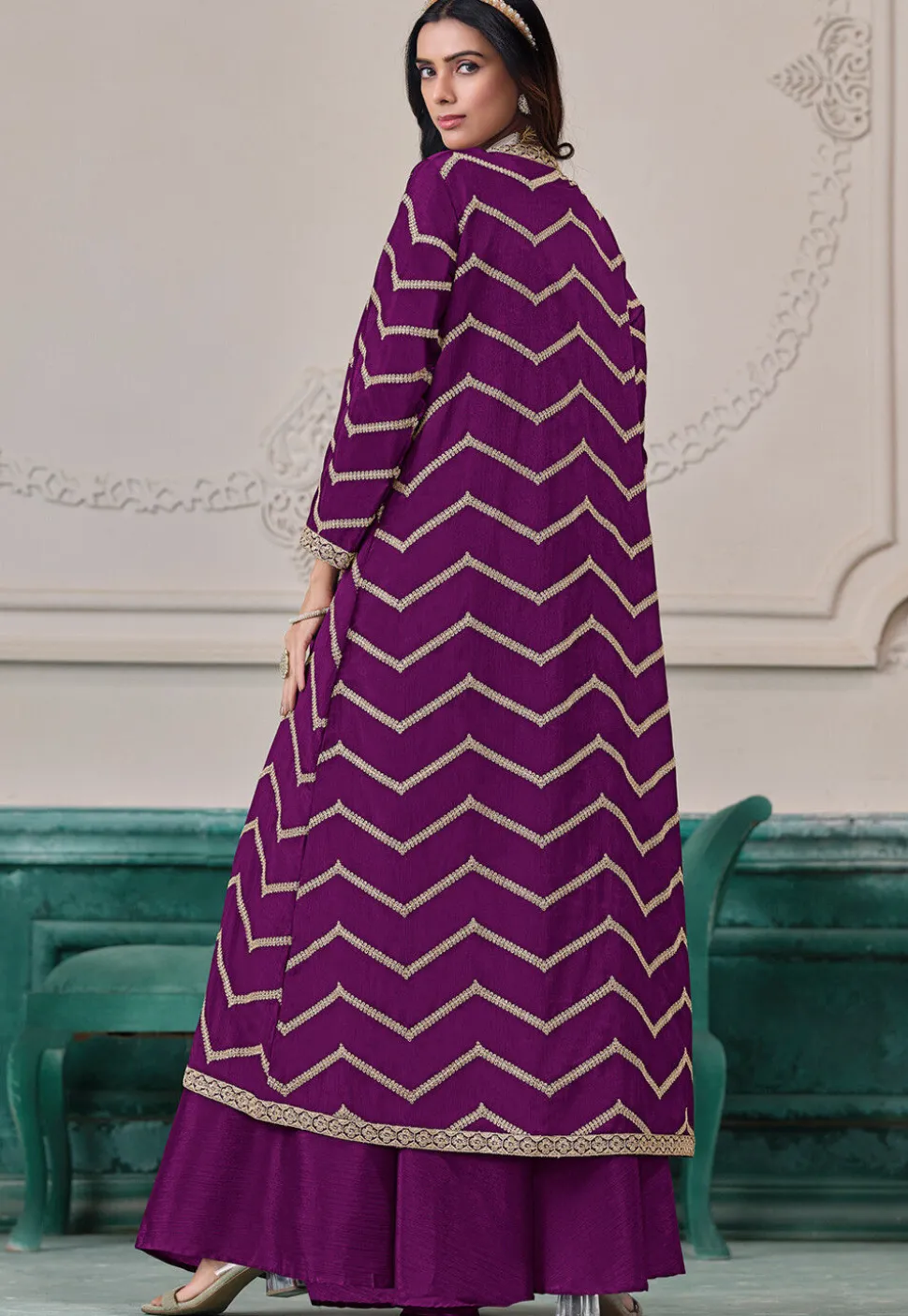 Embroidered Chinon Chiffon Crop Top Set in Purple