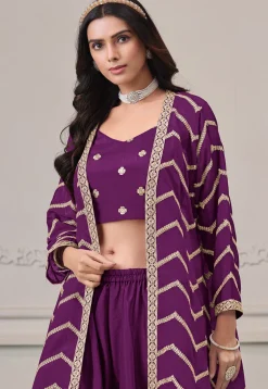 Embroidered Chinon Chiffon Crop Top Set in Purple