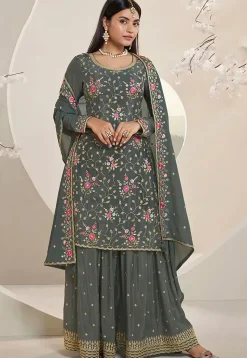 Embroidered Chinon Chiffon Pakistani Suit in Dusty Green