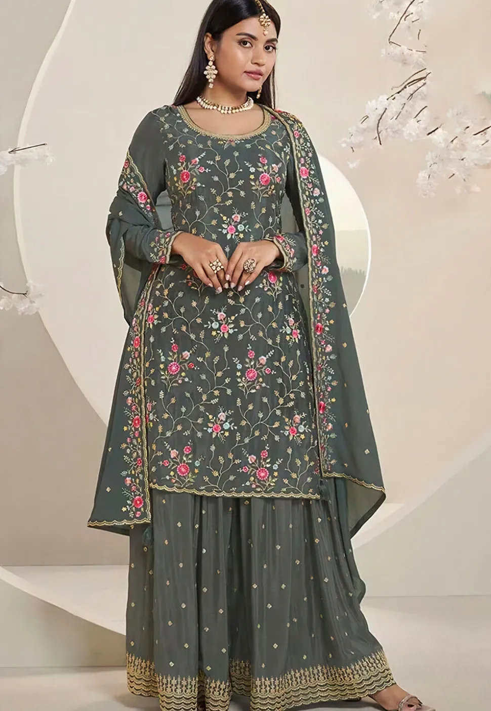 Embroidered Chinon Chiffon Pakistani Suit in Dusty Green