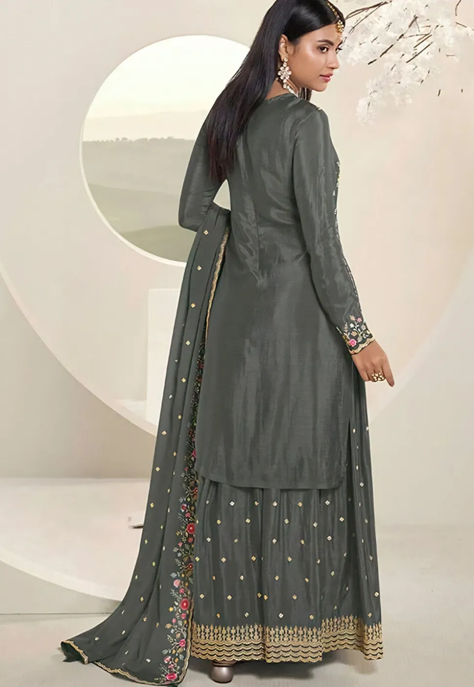 Embroidered Chinon Chiffon Pakistani Suit in Dusty Green