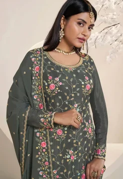Embroidered Chinon Chiffon Pakistani Suit in Dusty Green