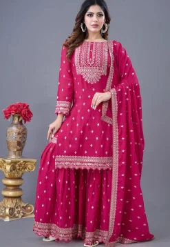 Embroidered Chinon Chiffon Scalloped Pakistani Suit in Fuchsia