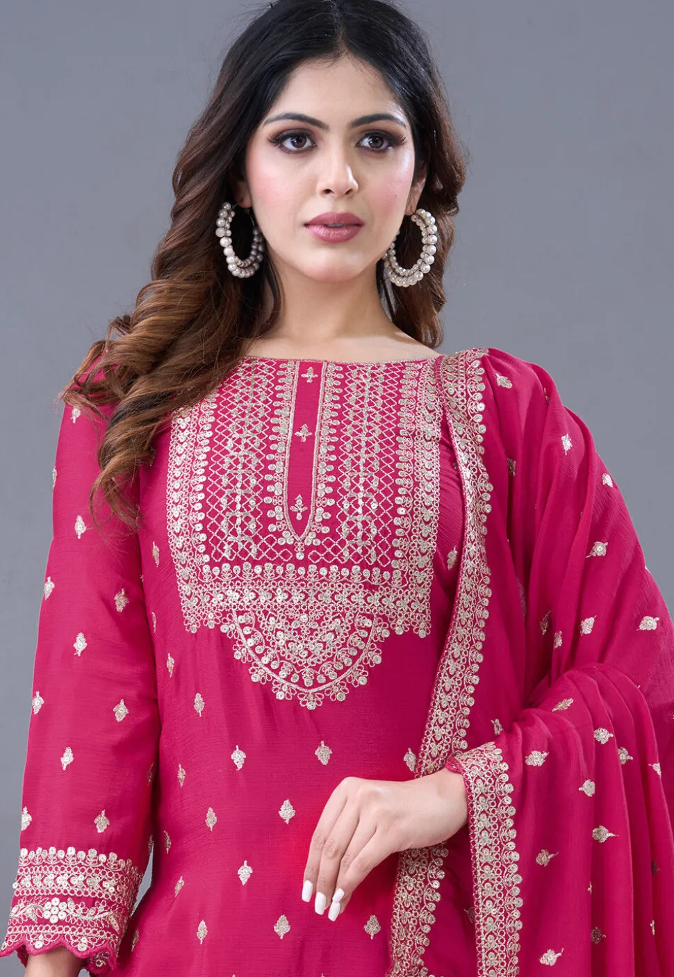 Embroidered Chinon Chiffon Scalloped Pakistani Suit in Fuchsia