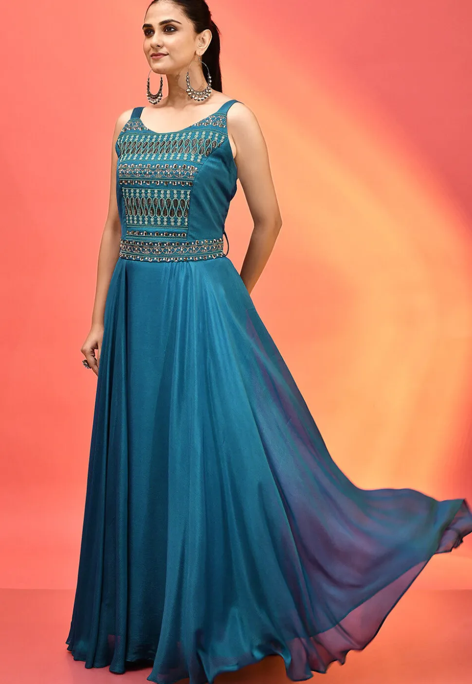 Embroidered Chinon Chiffon Gown in Teal Blue
