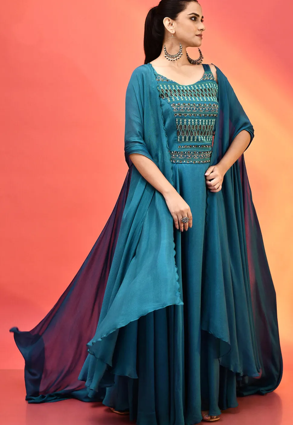 Embroidered Chinon Chiffon Gown in Teal Blue