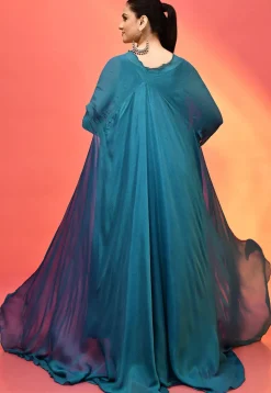 Embroidered Chinon Chiffon Gown in Teal Blue