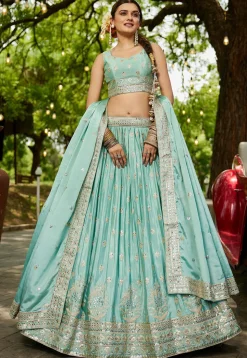 Embroidered Chinon Chiffon Lehenga in Sea Green