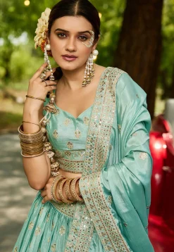 Embroidered Chinon Chiffon Lehenga in Sea Green