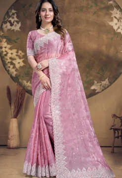 Embroidered Chinon Chiffon Scalloped Saree in Pink