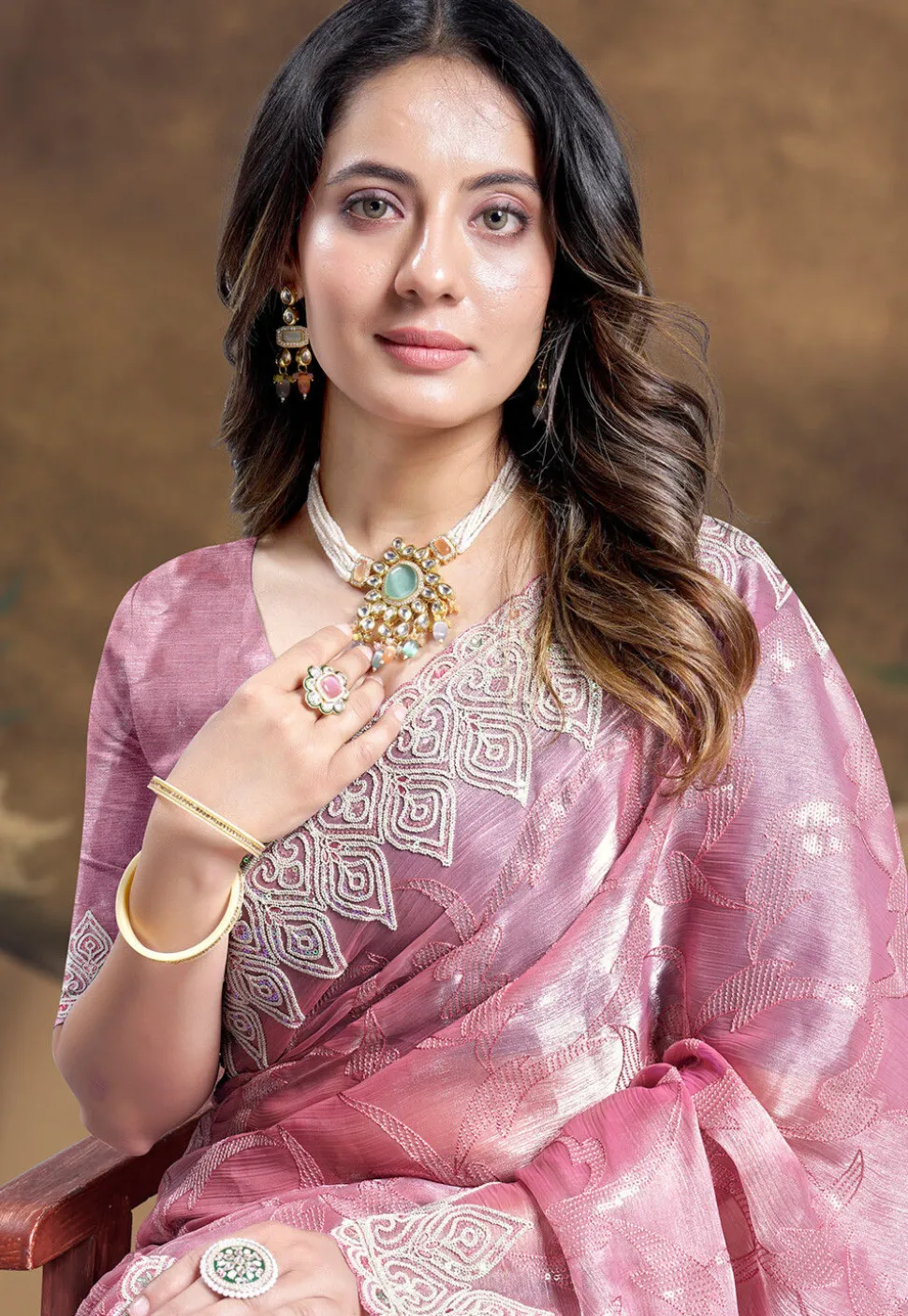 Embroidered Chinon Chiffon Scalloped Saree in Pink