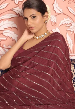 Embroidered Chinon Chiffon Saree in Wine