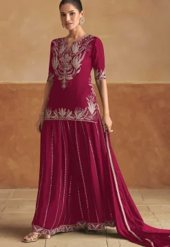 Embroidered Chinon Chiffon Kurti Set in Magenta