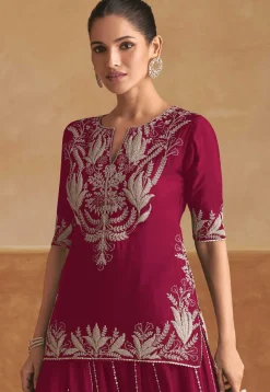 Embroidered Chinon Chiffon Kurti Set in Magenta