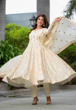 Embroidered Chinon Chiffon A Line Suit in Cream
