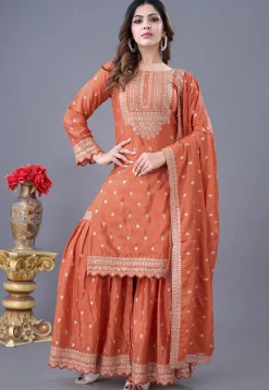 Embroidered Chinon Chiffon Scalloped Pakistani Suit in Orange