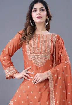 Embroidered Chinon Chiffon Scalloped Pakistani Suit in Orange