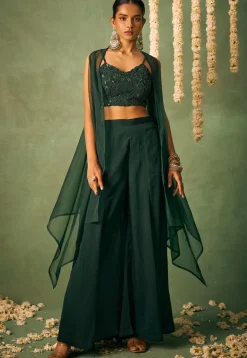 Embroidered Chinon Chiffon Crop Top Set in Dark Green